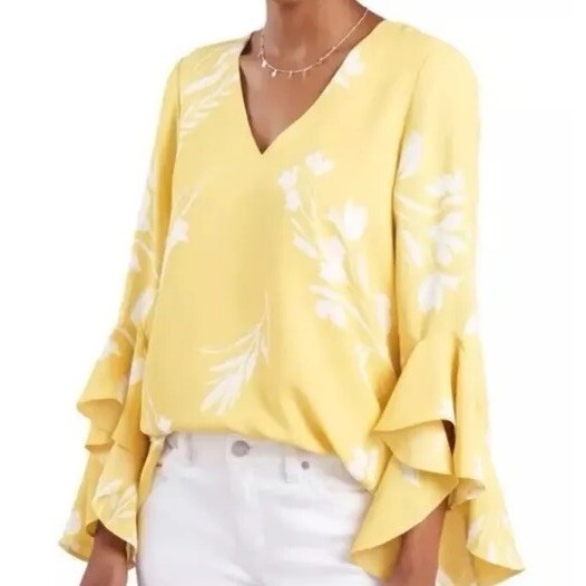 New Vince Camuto Women Floral Whisper Flutter Boho Sleeve Blouse In Yellow Xs P